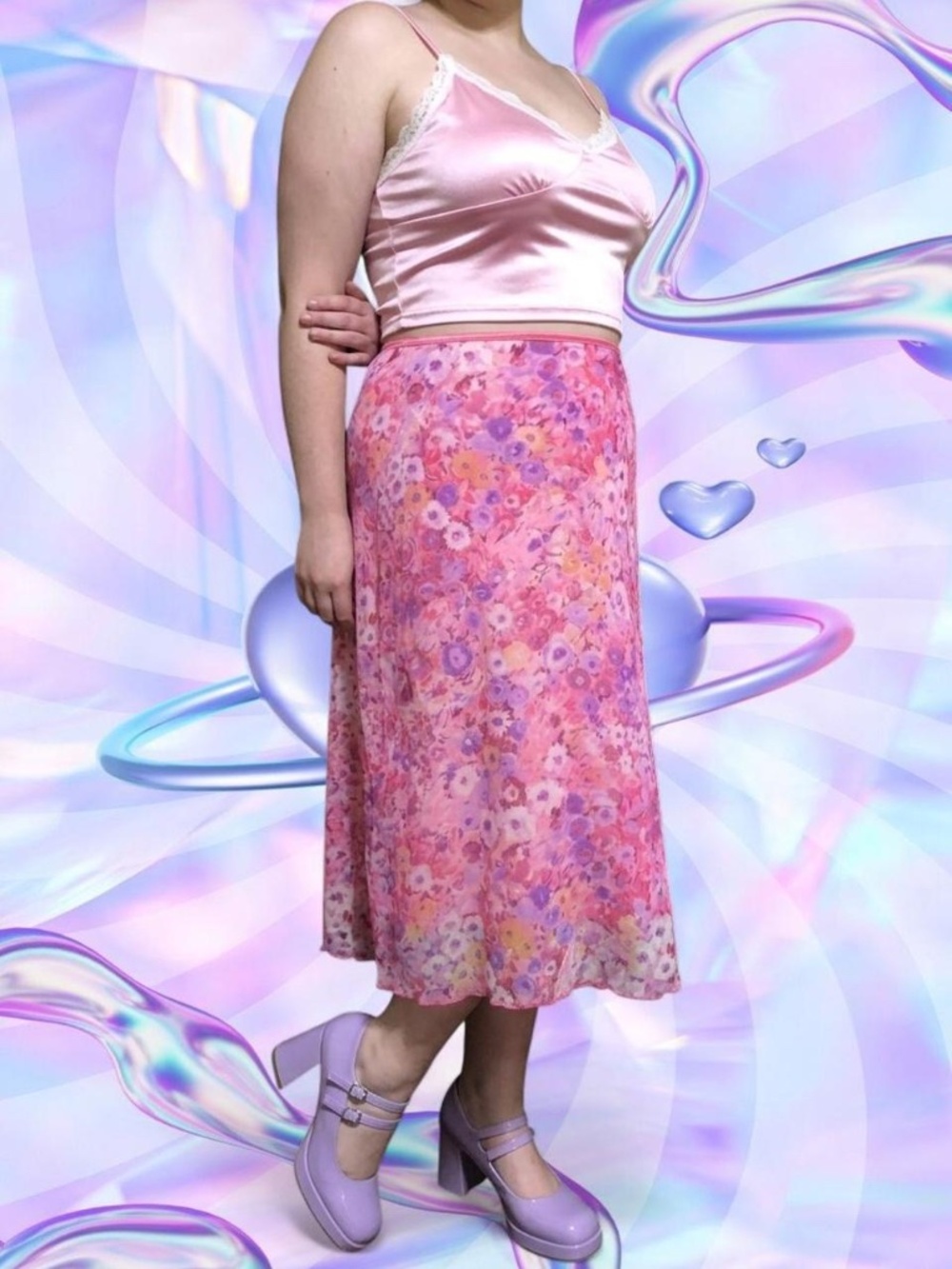Vintage Y2K Pink Floral Mesh Midi  - Size XL